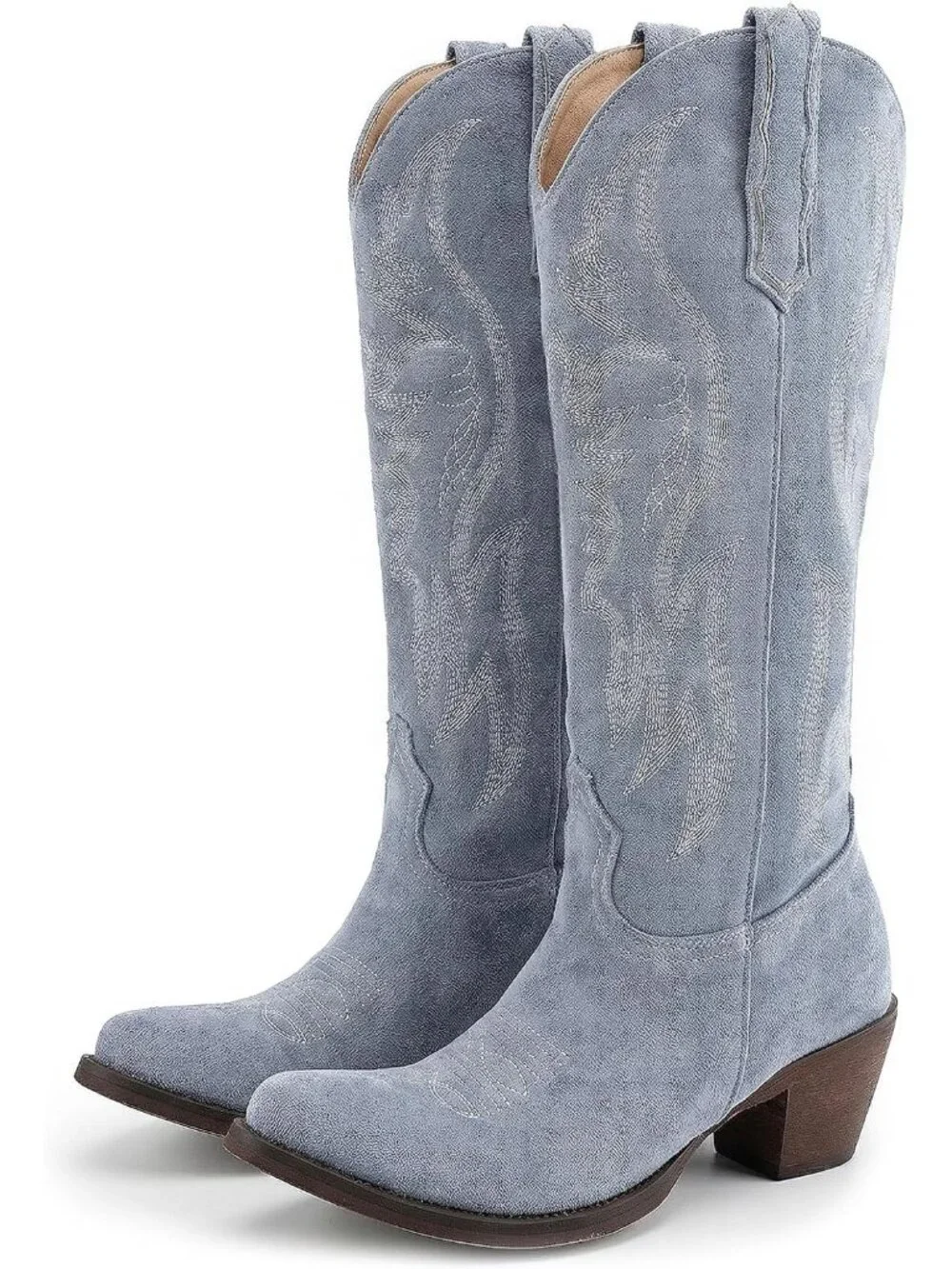 Women's Blue Mid Calf Cowboy Boots Western Pointed Toe Embroidered Heeled Boots
